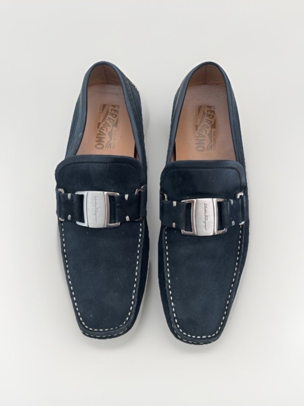 Salvatore Ferragamo Navy Suede Gancini Bit Driving Loafers